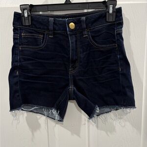 American Eagle Outfitters Dark Blue High-Rise Frayed Hem Jean Shorts